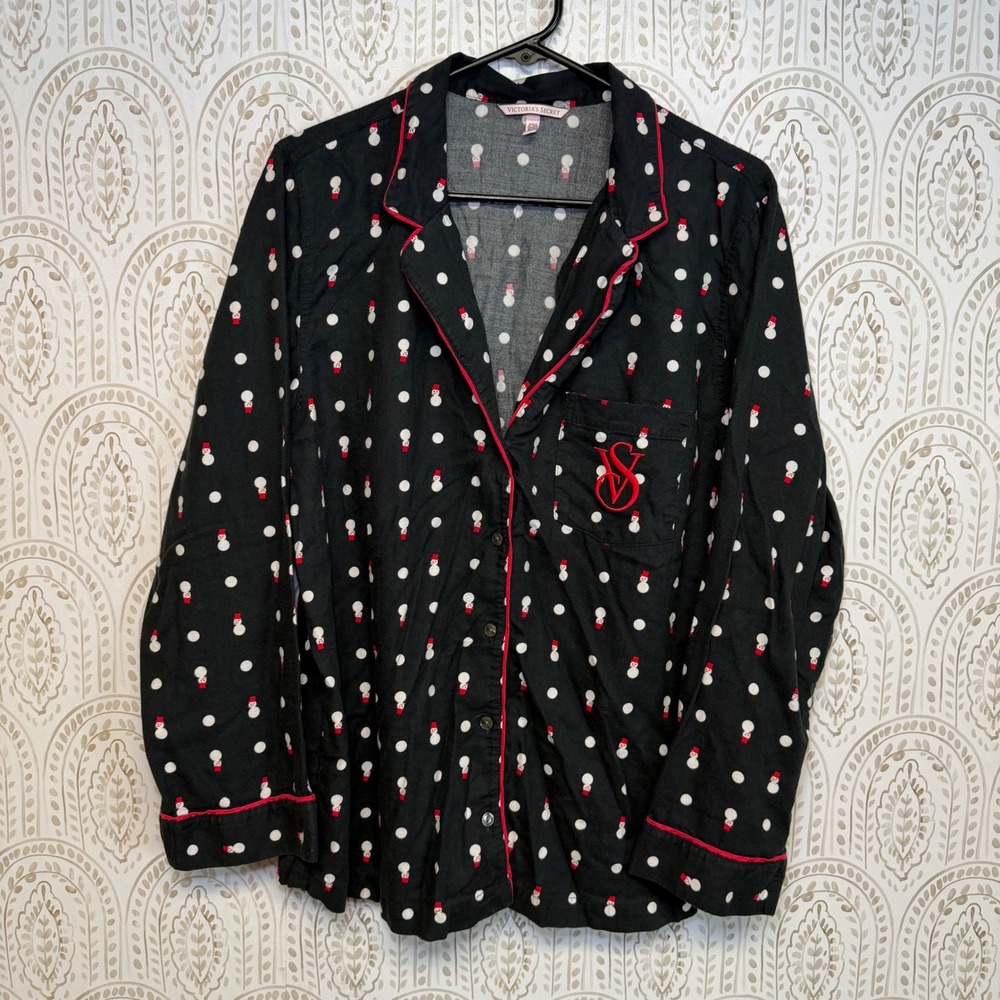 Victorias Secret Snowman Polka Dot Pajama‎ Top Black Red Long Sleeve Medium Long